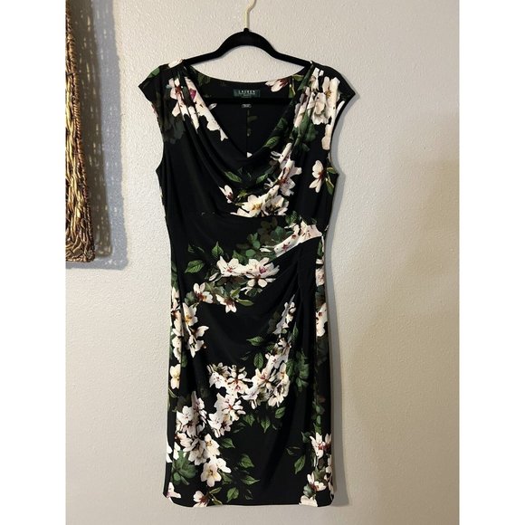 Ralph Lauren Dress 10 Black Pink Green Floral Washable Stretch Career Church - Picture 8 of 11